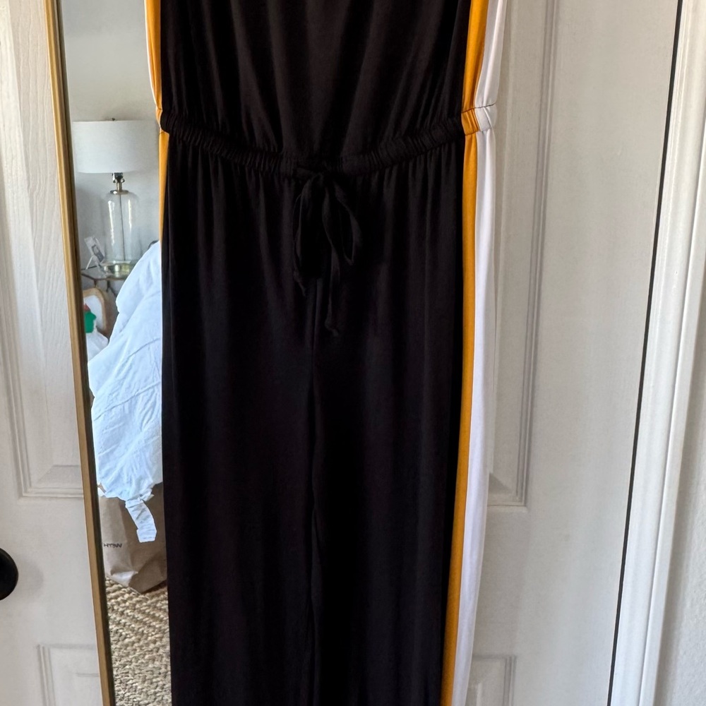 Black Jumpsuit with Yellow and White Stripes